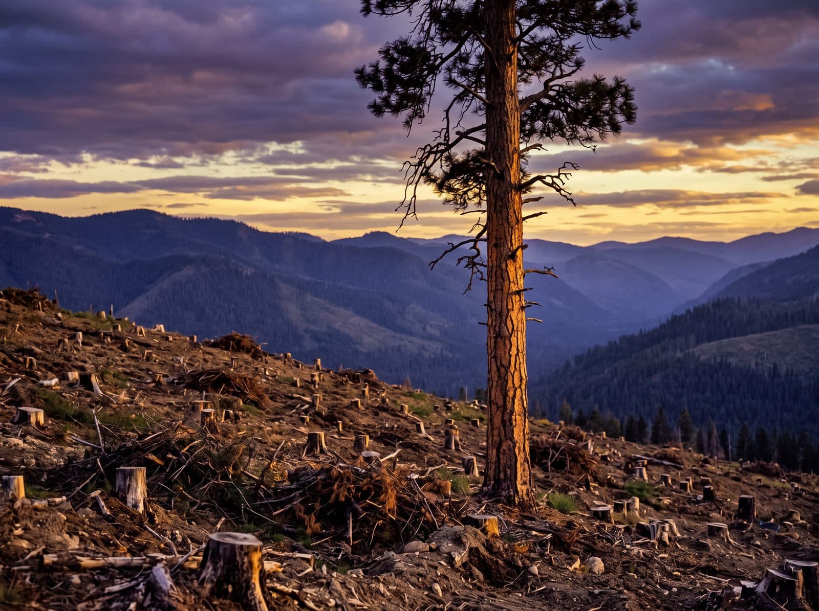 A single tall tree standing in a cleared hillside at dusk